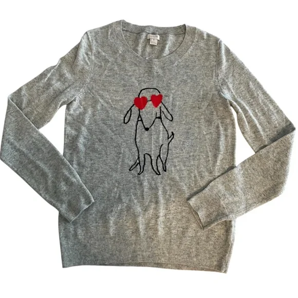 NEW J. Crew Dog With Heart Eyes Merino Wool Blend Intarsia Sweater Womens Medium - Picture 3 of 10
